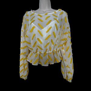Ali & Jay Yellow Textured Long Sleeve Peplum Blouse S Polyester